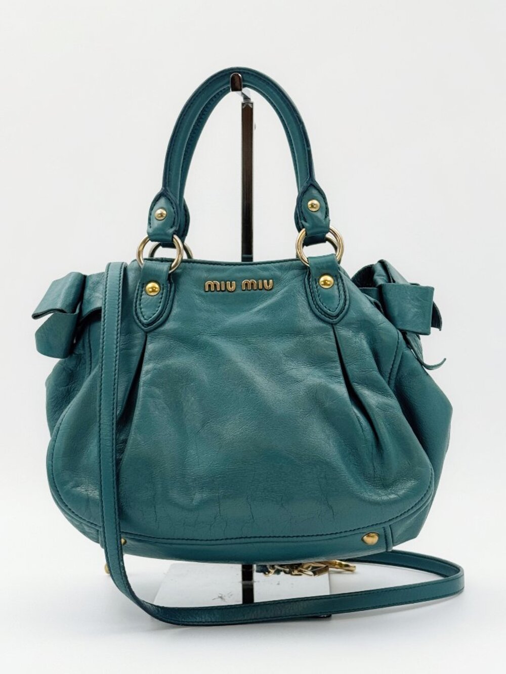 Miu Miu Teal Green Leather Bow Satchel Shoulder Bag Crossbody Gold Hardware